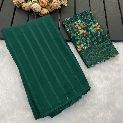 Sanskriti Synthetics Solid/Plain Handloom Chiffon Saree(Green)