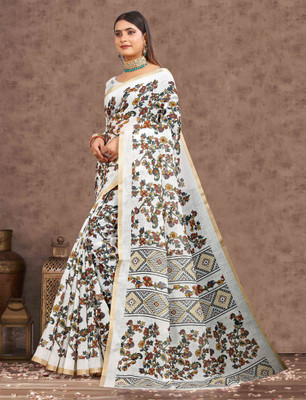 PRTRENDZ Printed Kanjivaram Pure Cotton, Cotton Linen Saree(Brown, White)