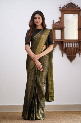 Bansari Textiles Printed, Self Design, Paisley, Woven, Embellished, Applique Kanjivaram Jacquard, Art Silk Saree(Black)