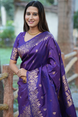 ROOP LAVANYA Woven, Self Design Kanjivaram Cotton Silk, Pure Silk Saree(Purple)