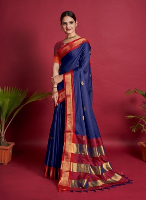 LEOSAGI Woven, Embellished Kanjivaram Pure Silk Saree(Dark Blue, Red)