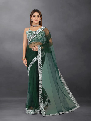 G JELLY FASHION TREE Embroidered, Temple Border, Self Design Bollywood Nylon, Supernet Saree(Dark Green)