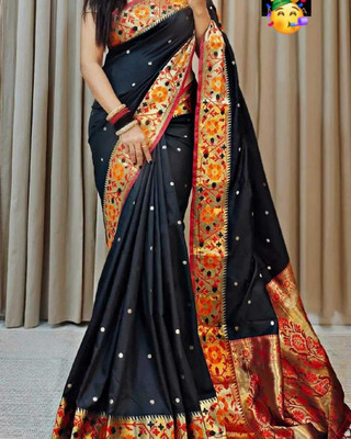 SICHYAH Embellished Paithani Silk Blend Saree(Black)