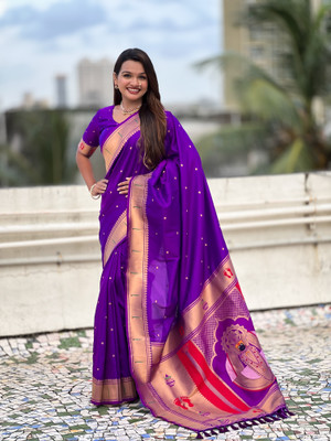 ROOP LAVANYA Woven Paithani Jacquard, Pure Silk Saree(Purple, Multicolor)