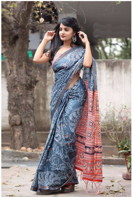 HIYAMI Printed Bandhani Cotton Blend Saree(Grey)
