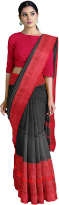 GOLU Woven Handloom Cotton Blend Saree(Red, Black)