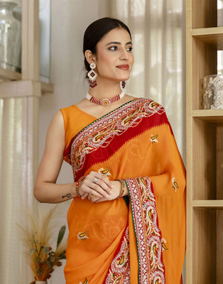 Satrani Printed, Embellished, Embroidered Bandhani Chiffon, Georgette Saree(Multicolor)