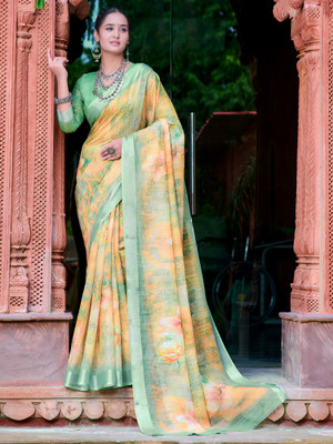 Tasrika Digital Print Leheria Cotton Linen Saree(Orange)