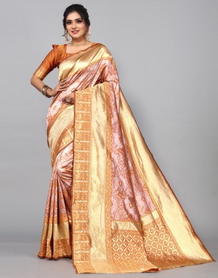 Satrani Woven, Embellished, Printed Banarasi Cotton Silk, Art Silk Saree(Orange, Silver)