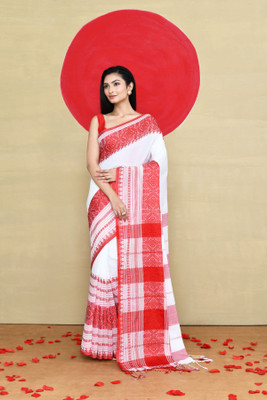 maa textile Woven Handloom Cotton Blend Saree(White)