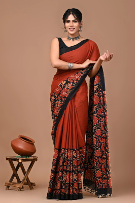 LOVWEAR Printed Ikkat Pure Cotton Saree(Black, Orange)