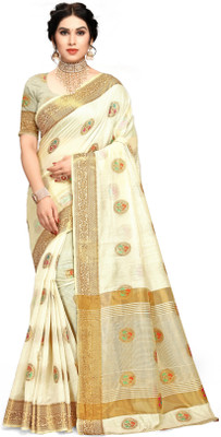 Manokamna Woven Handloom Cotton Blend Saree(Cream)