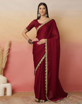 SIRIL Solid/Plain Bollywood Satin, Chiffon Saree(Maroon)