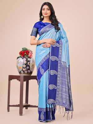 Tasrika Woven Banarasi Cotton Silk Saree(Blue)