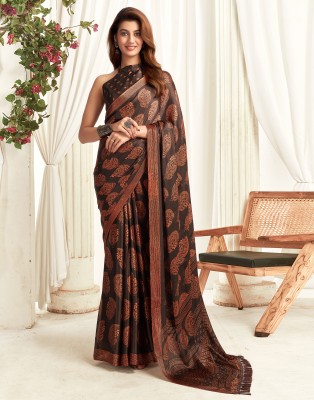 Samah Printed, Embroidered Daily Wear Satin, Georgette Saree(Black)