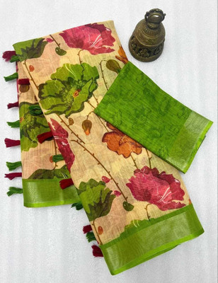 Millstar Floral Print Assam Silk Cotton Linen, Linen Saree(Yellow)