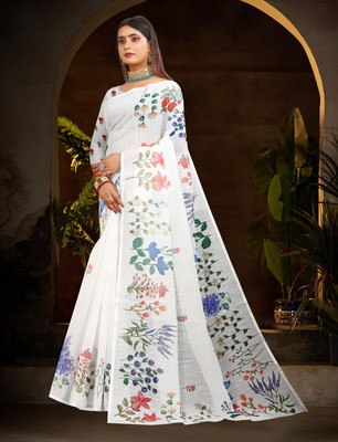 PRTRENDZ Printed Kanjivaram Pure Cotton, Cotton Linen Saree(White)