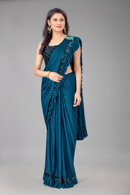 Sakifashion Solid/Plain Bollywood Lycra Blend Saree(Dark Blue)