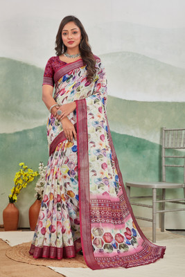 JERAVI Enterprise Digital Print Mysore Cotton Linen Saree(White, Purple)