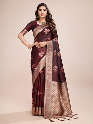 SHRIMAY Woven Banarasi Satin, Pure Silk Saree(Maroon)