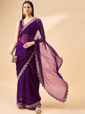 ROOP SUNDARI SAREES Embroidered, Solid/Plain Bollywood Chiffon Saree(Purple)