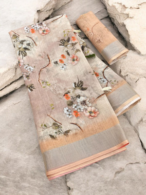 SJY Floral Print Bollywood Linen Saree(Multicolor)