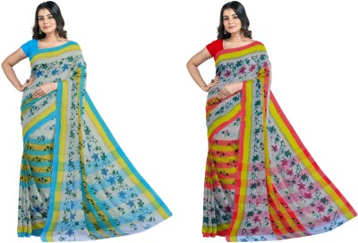 Mayabi Printed, Blocked Printed Tant Pure Cotton Saree(Pack of 2, White)