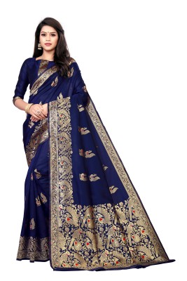 Vedant Vastram Solid/Plain Banarasi Silk Blend Saree(Dark Blue)