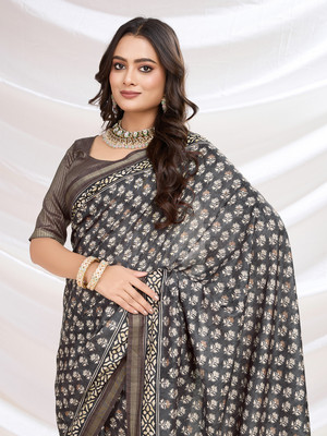 Tasrika Digital Print Banarasi Cotton Blend Saree(Black)