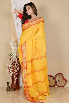 PuJoy Paisley, Self Design, Solid/Plain, Woven Handloom Pure Cotton Saree(Yellow, Red)