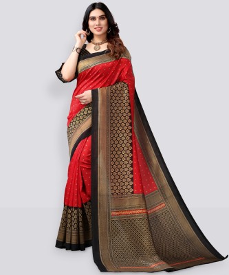 Samah Printed, Geometric Print, Embellished Banarasi Silk Blend, Cotton Silk Saree(Red, Black, Beige)