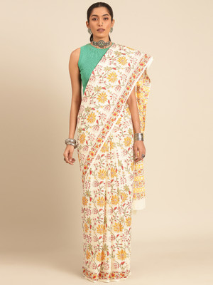 Taavi Blocked Printed Banarasi Cotton Blend Saree(White)