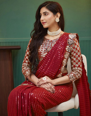 Satrani Embellished, Embroidered, Self Design Bollywood Georgette Saree(Red)