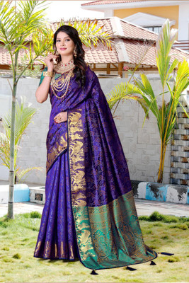LAVYANSH CREATION Printed Patola Silk Blend Saree(Blue)