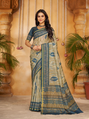 Rudrakala Digital Print, Floral Print, Geometric Print, Graphic Print, Self Design Bollywood Crepe, Silk Blend Saree(Dark Blue, Beige)