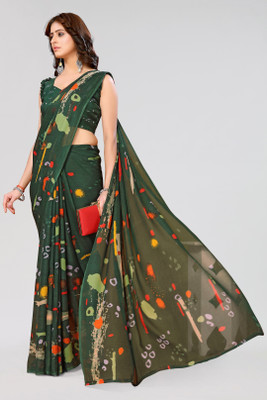 Nirvaan Striped Daily Wear Georgette Saree(Green)