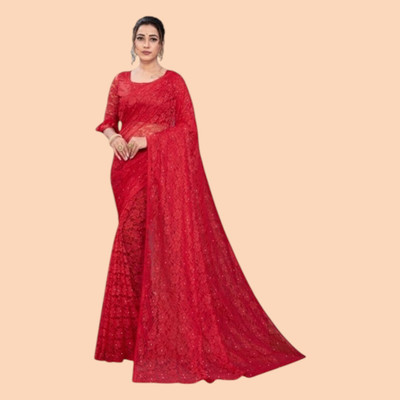 nexxxa Self Design Bollywood Net Saree(Pack of 2, Red)