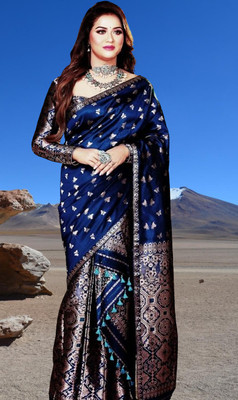 vrajnetic Woven Mekhela Chador Pure Silk Saree(Dark Blue)