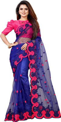 Barkiya Creation Embroidered Bollywood Net Saree(Blue)