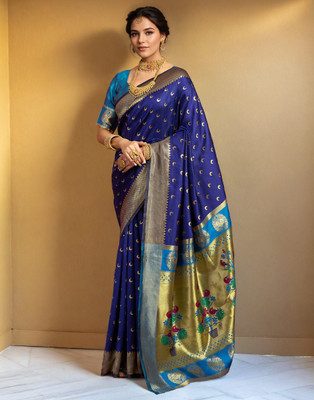 LeeliPeeri Designer Printed Paithani Cotton Silk Saree(Dark Blue)