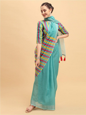 Sangria Striped Daily Wear Linen Saree(Light Blue)