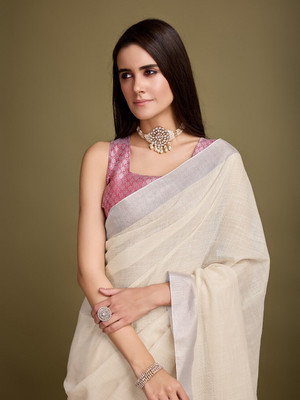 Divastri Self Design Bollywood Linen Saree(Beige)