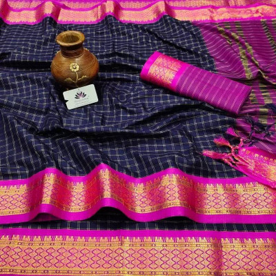 JbWorld Checkered, Woven, Embroidered Gadwal Cotton Silk, Pure Silk Saree(Dark Blue, Pink)