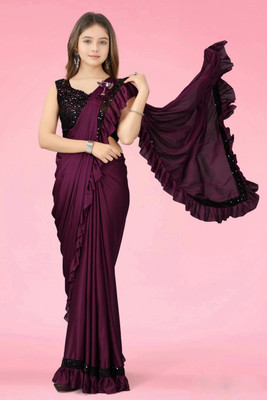 VRAJTEX FAB Embellished, Solid/Plain Bollywood Lycra Blend Saree(Purple)