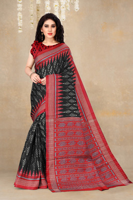 MIRCHI FASHION Printed, Temple Border Ikkat Art Silk Saree(Red, Black)