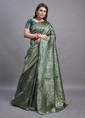 Amrut Collection Self Design Banarasi Silk Blend Saree(Dark Green)