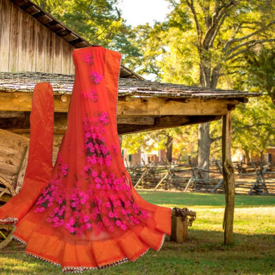 Elegance Avenue Floral Print Bollywood Net Saree(Orange)