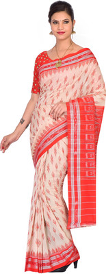 handloom paridhaan Self Design Handloom Pure Cotton Saree(Cream, Red)