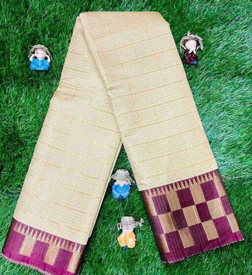 FashionPallavi Checkered Chettinadu Cotton Silk, Jacquard Saree(Cream, Maroon)