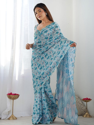 OMFESHIONN Self Design Bollywood Georgette Saree(Blue)